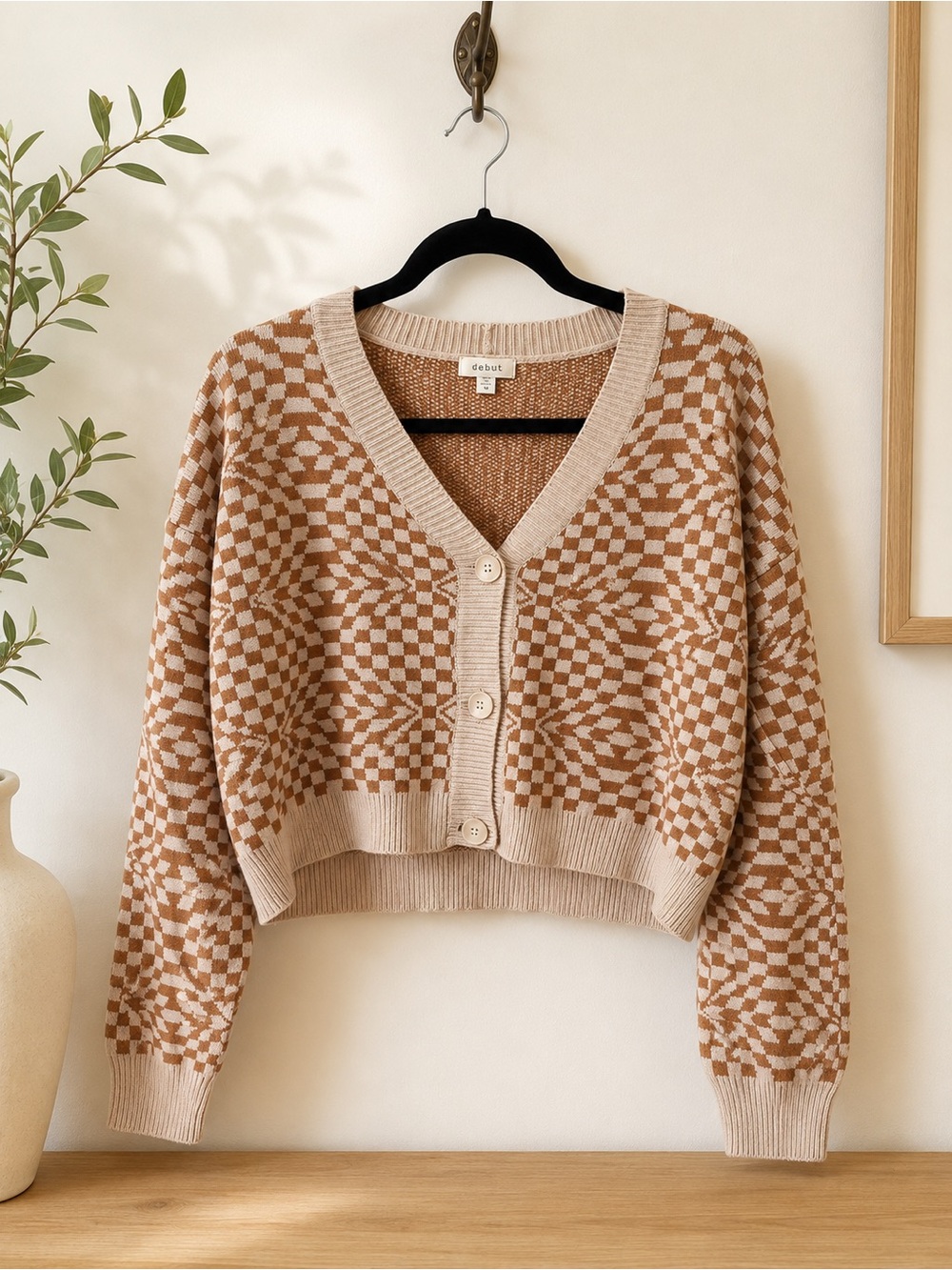 Debut Tan Cream Geometric Cropped Cardigan M